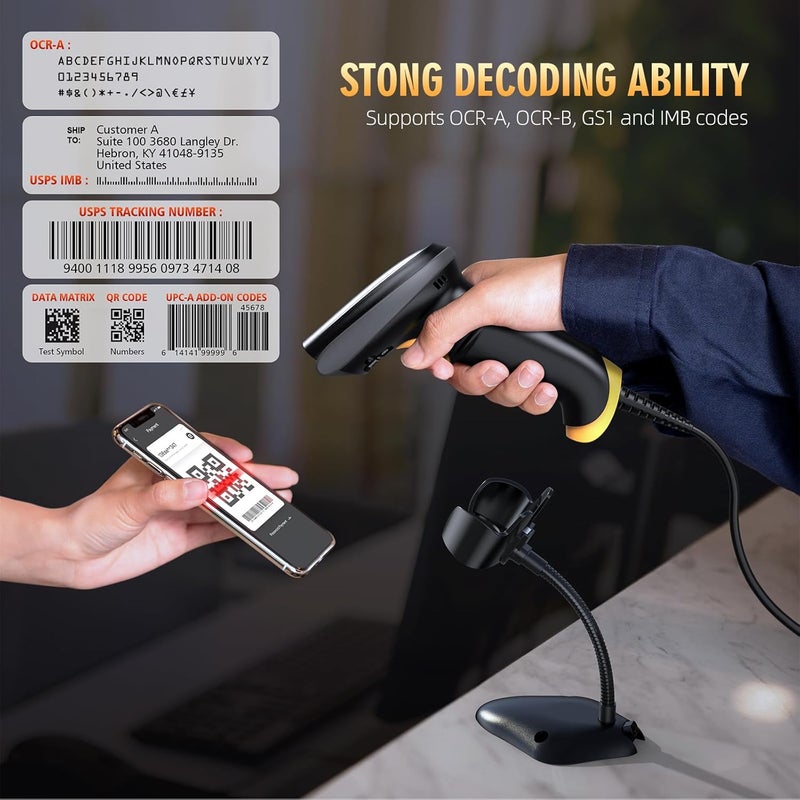 TEEMI 2D Barcode Scanner with Smart Stand USB Wired Handheld Automatic QR Data Matrix PDF417 OCR bar Codes Imager Global Shutter Computer Screen Scan for Windows Mac and Linux PC POS, Stand Included - Image 4